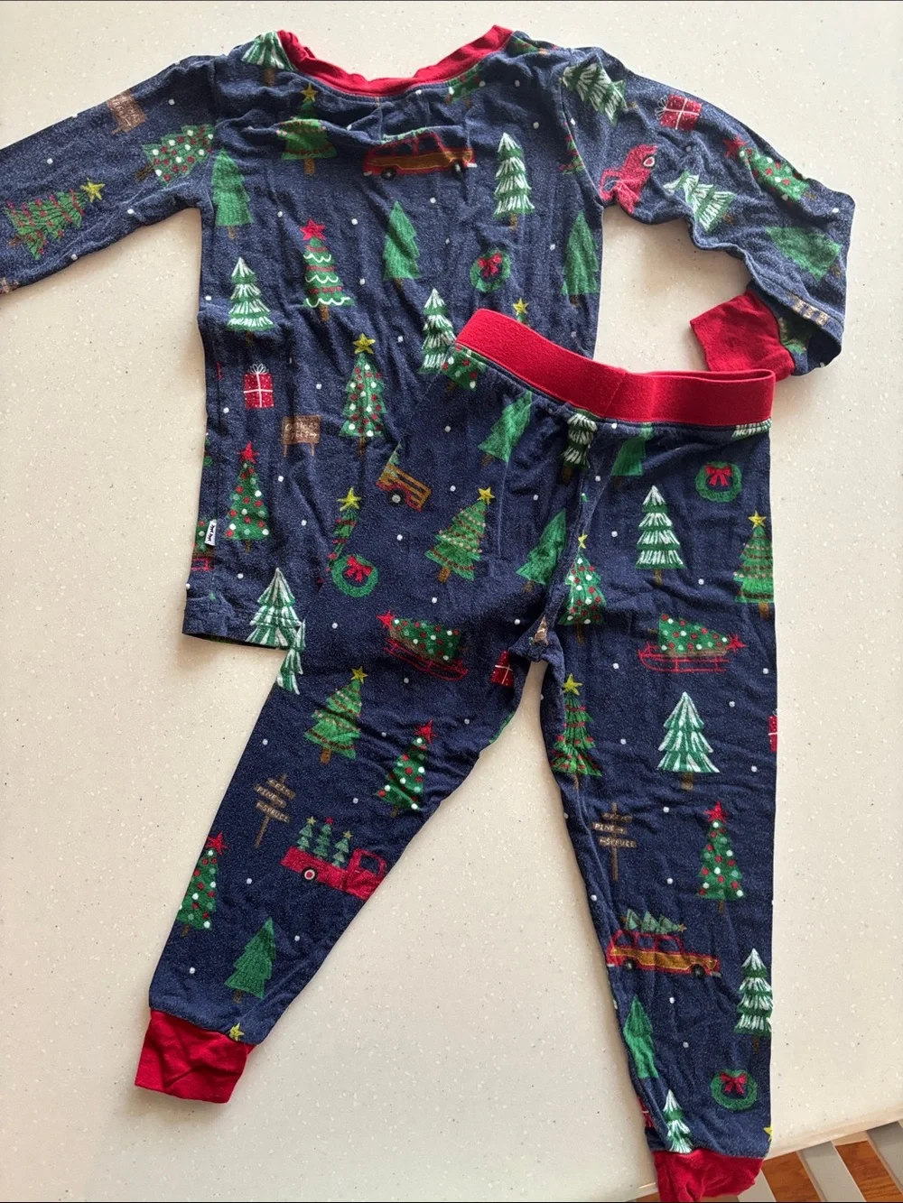 Little Sleepies Kids Navy Christmas Tree Pajama Set with Red Trim